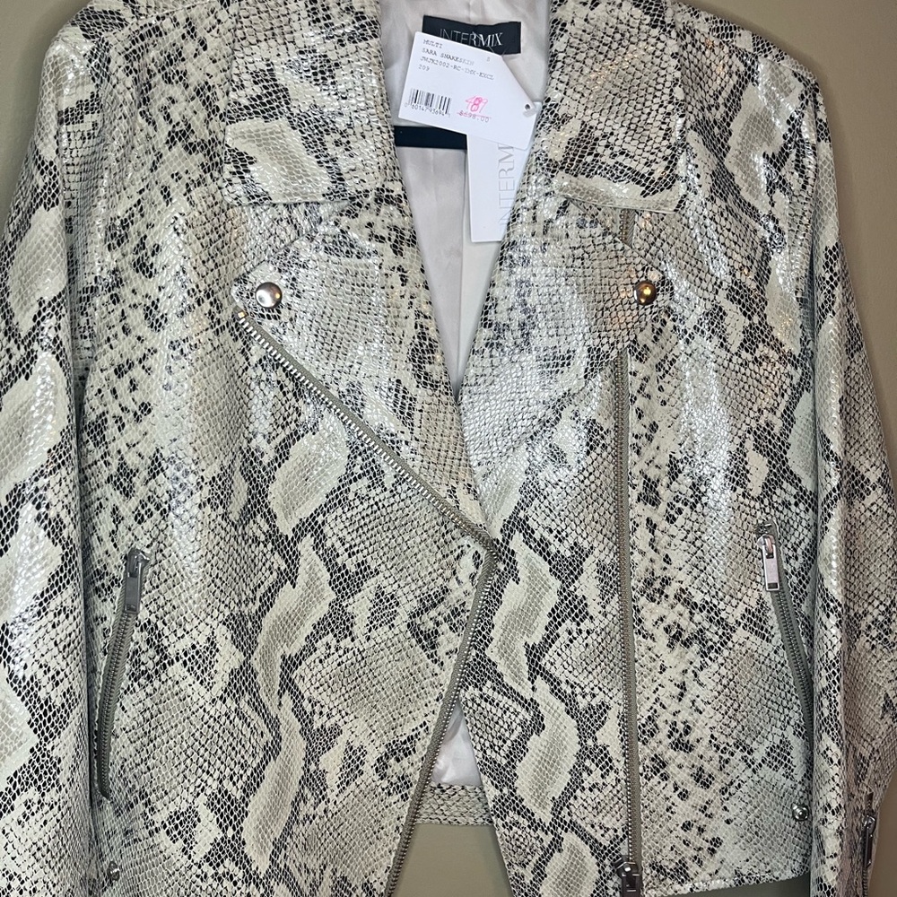 INTERMIX Snakeskin Leather Jacket in Cream and Black - Picture 2 of 8